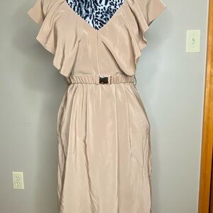 H&M Tan Ruffled Midi Dress with V-Neck